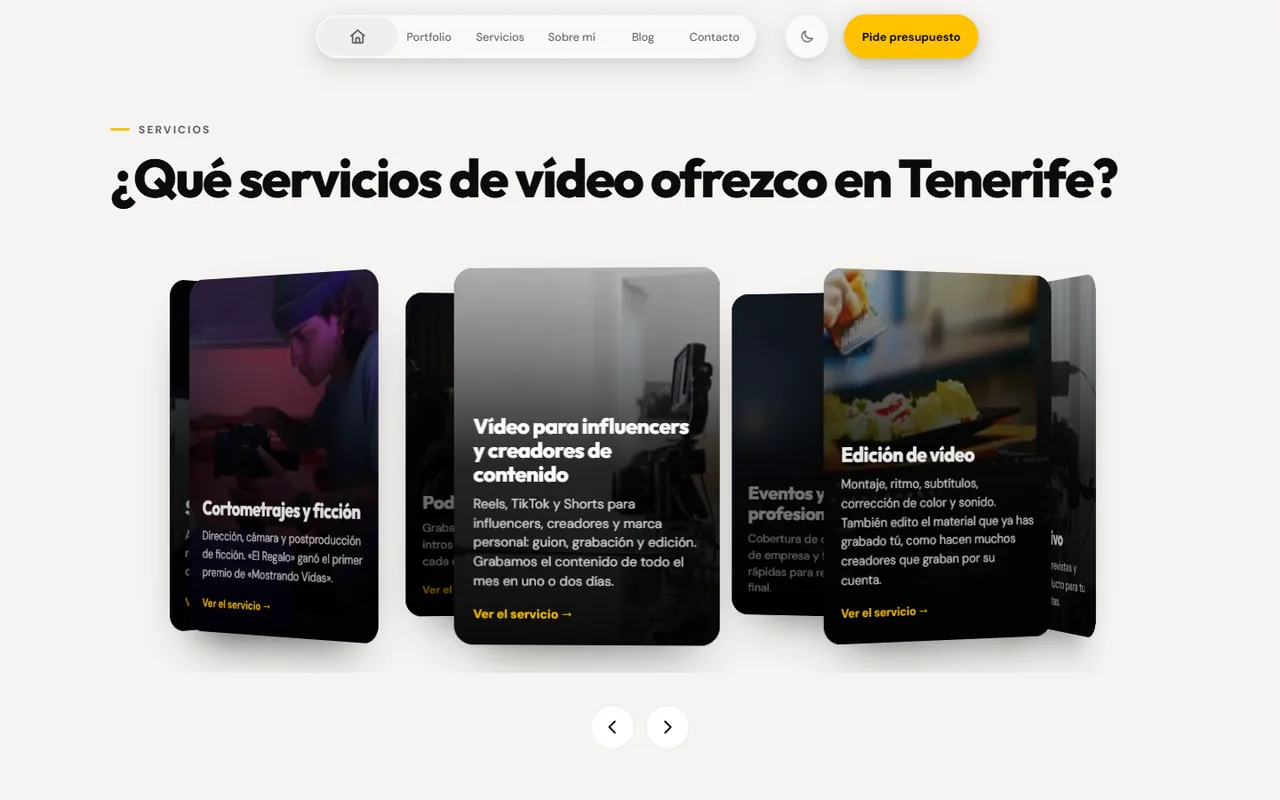 Mi propia Página Web: servicios en tarjetas con vídeo de fondo
